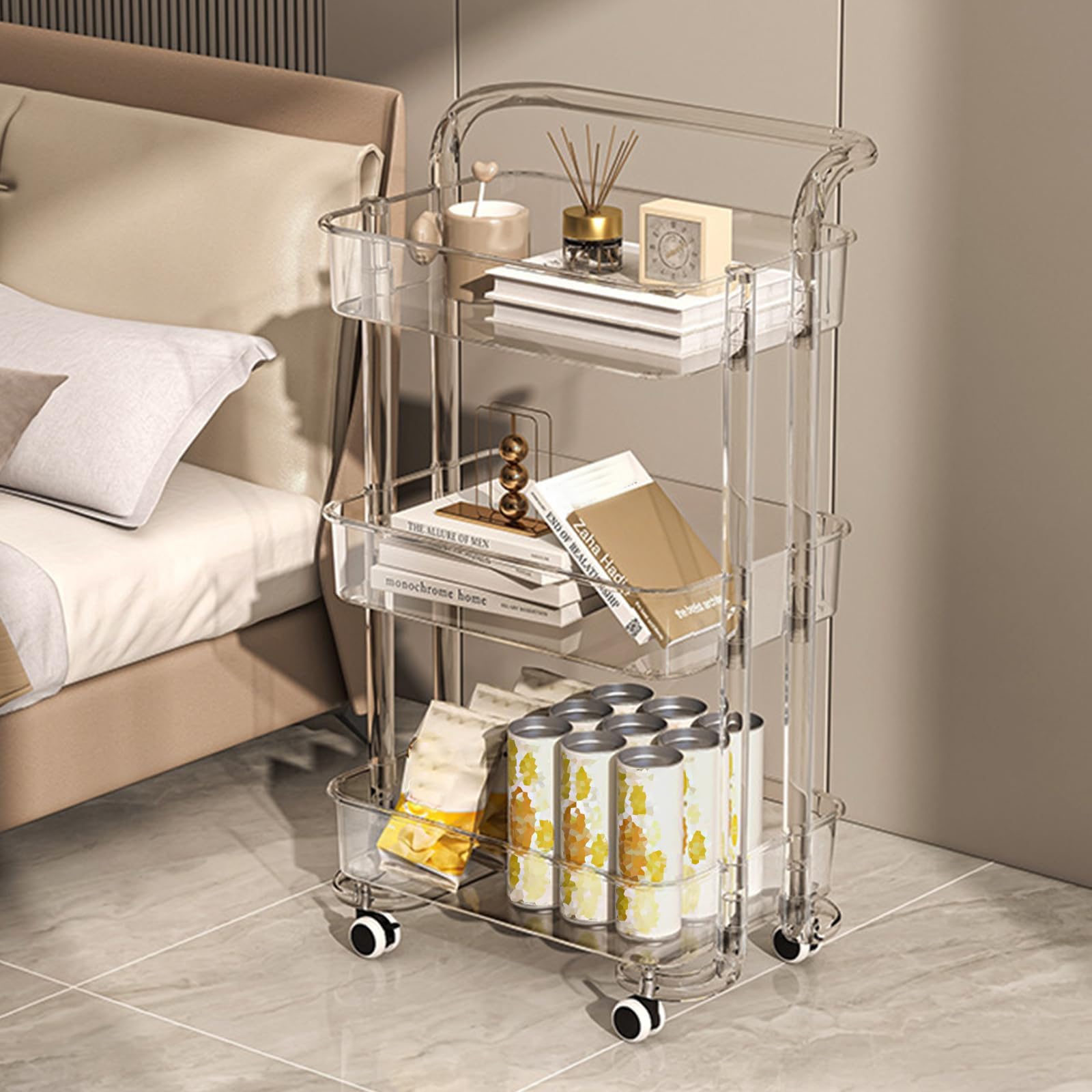 SDdPulse Carrello portaoggetti multifunzione con ruote bloccabili, per cucina, bagno, casa e ufficio, scaffale mobile per una facile organizzazione, 4 ripiani, trasparente, 3 ripiani