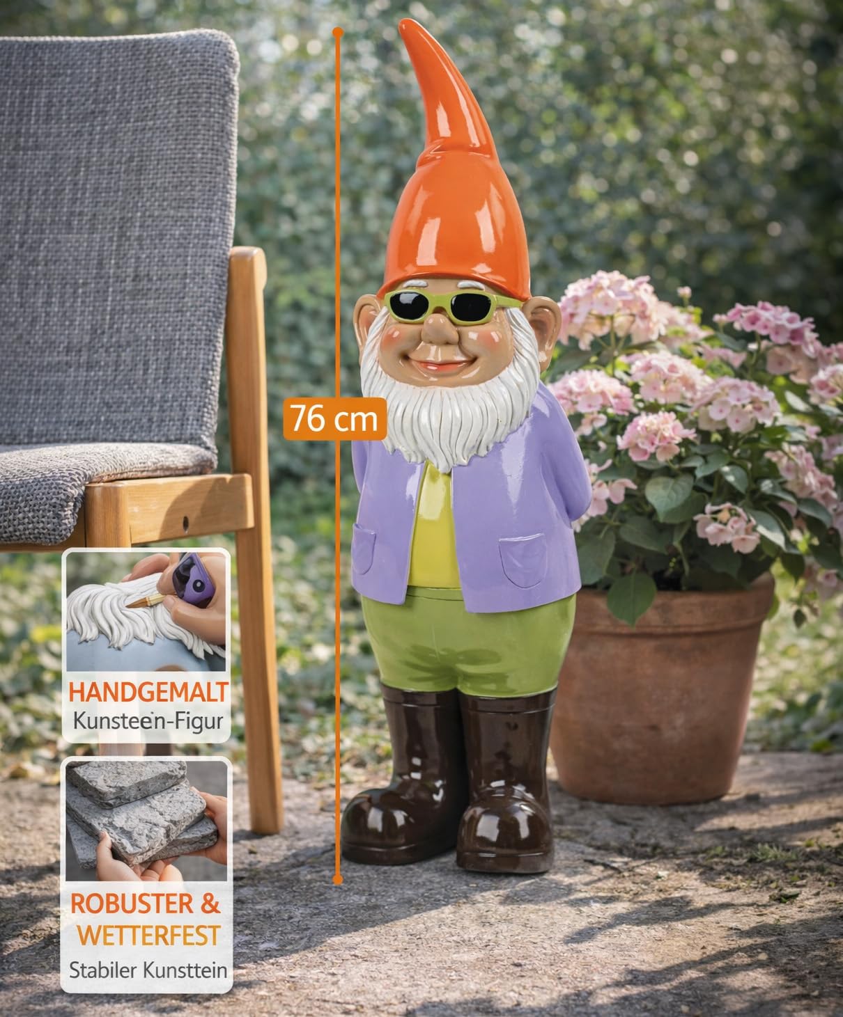 formano Krasnal ogrodowy, 76 x 28 cm, dekoracyjna figurka ogrodowa ze sztucznego kamienia, krasnal z okularami przeciwsłonecznymi, ręcznie malowana, błyszcząca powierzchnia, odporna na warunki