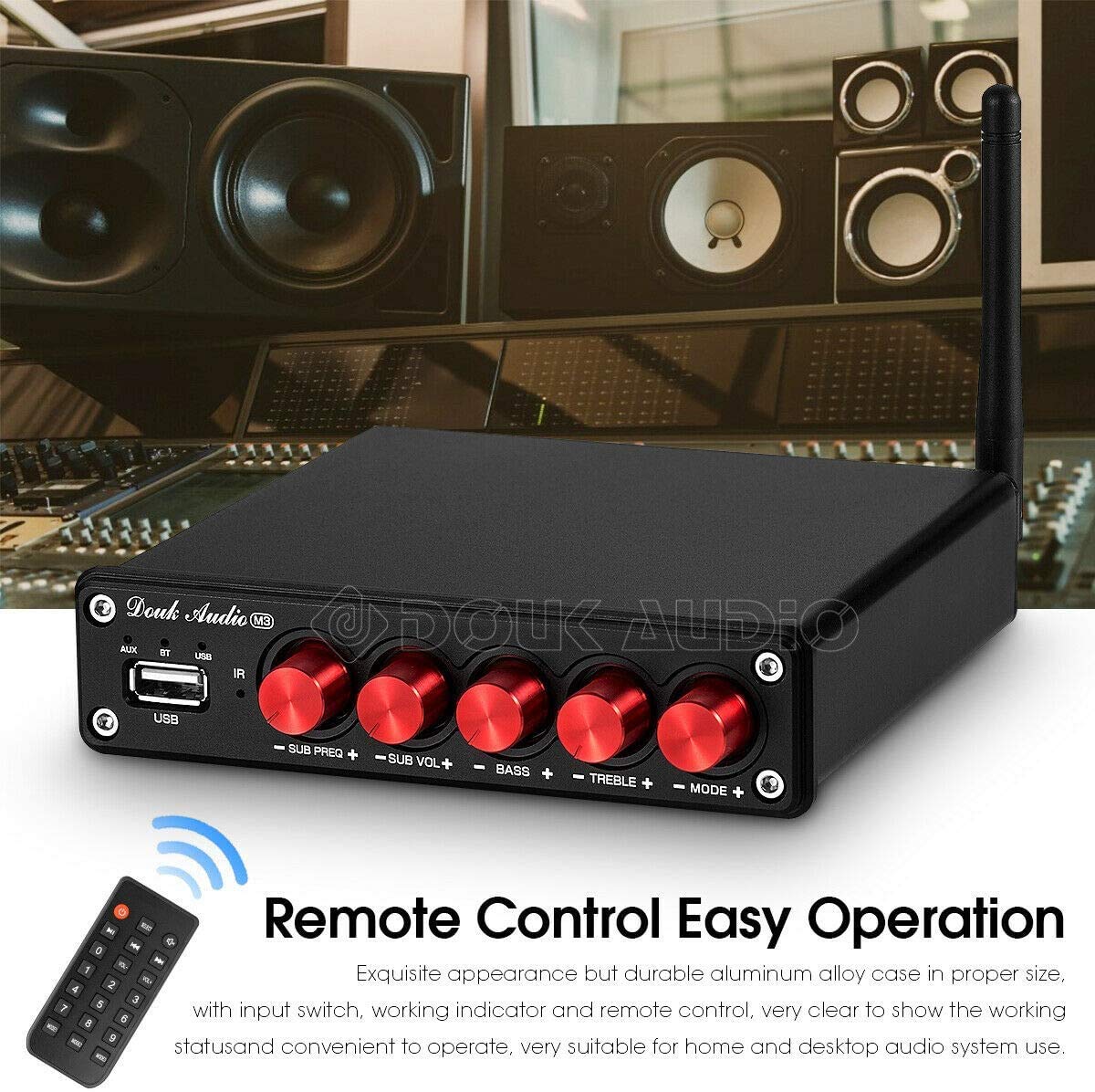 Douk Audio M3 Bluetooth 5.0 wzmacniacz stereo audio odbiornik 2.1-kanałowy mini wzmacniacz Hi-Fi Class D o mocy 50 W x 2 + 100 W do domu, na zewnątrz, pasywny głośnik/subwoofer i aktywny subwoofer