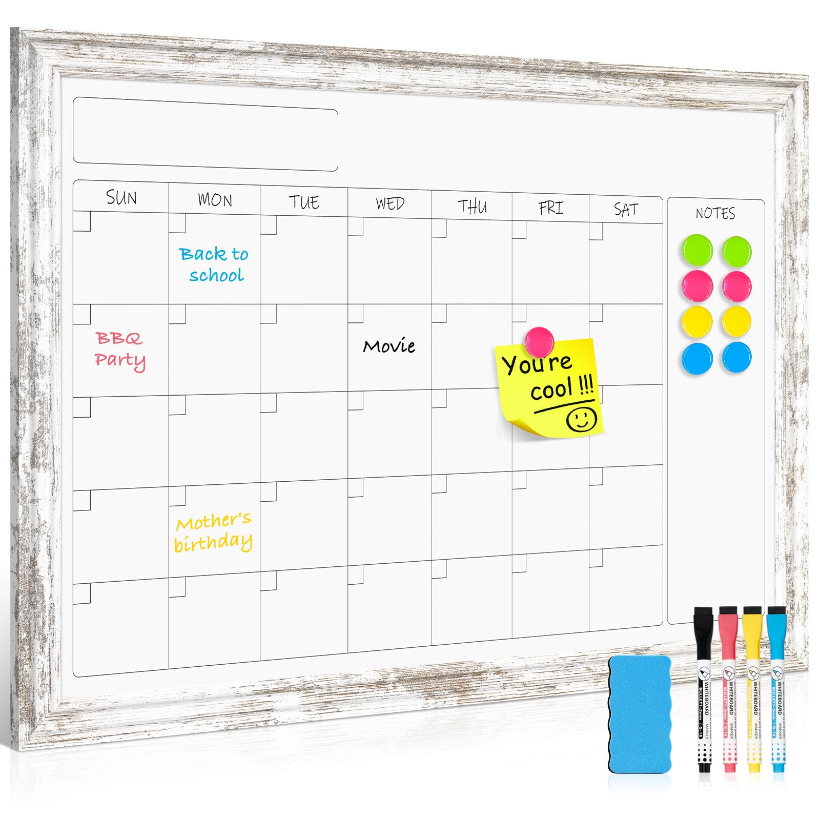 monthly dry erase calendar whiteboard for wall, 36"x24", rustic wood frame | magnetic, white board calendar board, wall mounted, for home office school kitchen dorm