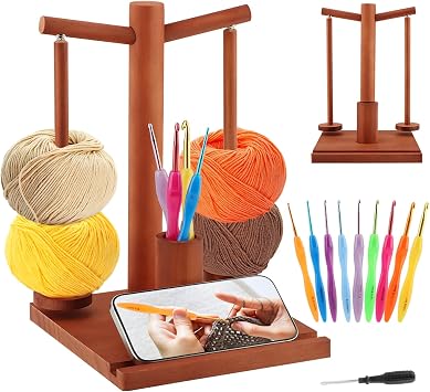 Yarn Holder for Crocheting and Knitting, 2-Spindles Magnetic Wooden Yarn Spinner Spool Rack with Phone Stand and Crochet Accessories Storage Cylinder, Gifts for Crochet LoversColorBrown