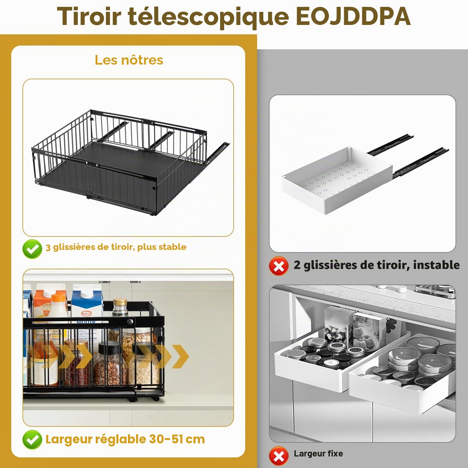 Lot de 2 Tiroirs Coulissants pour Placard de Cuisine - Organisateur de Rangement Coulissant Extensible, Largeur Réglable de 30 à 51 cm, Sans Perçage, Universel pour Cuisine, Salle de Bain, Dressing