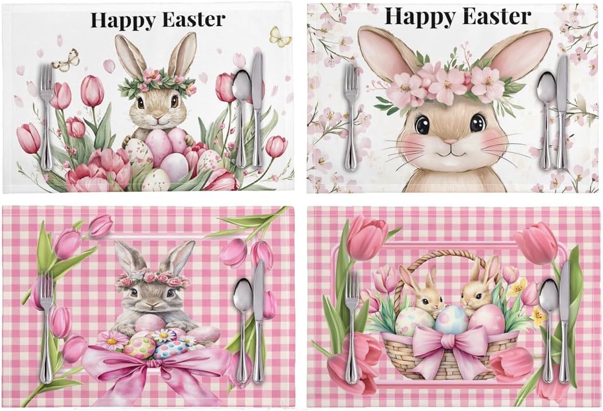 ENLACHIC Cute Bunny Easter Placemats Set of 4, 18x12 Inch Pink Tulip Floral Buffalo Plaid Spring Table Mats for Party Kitchen Dinner Holiday Easter Decoration