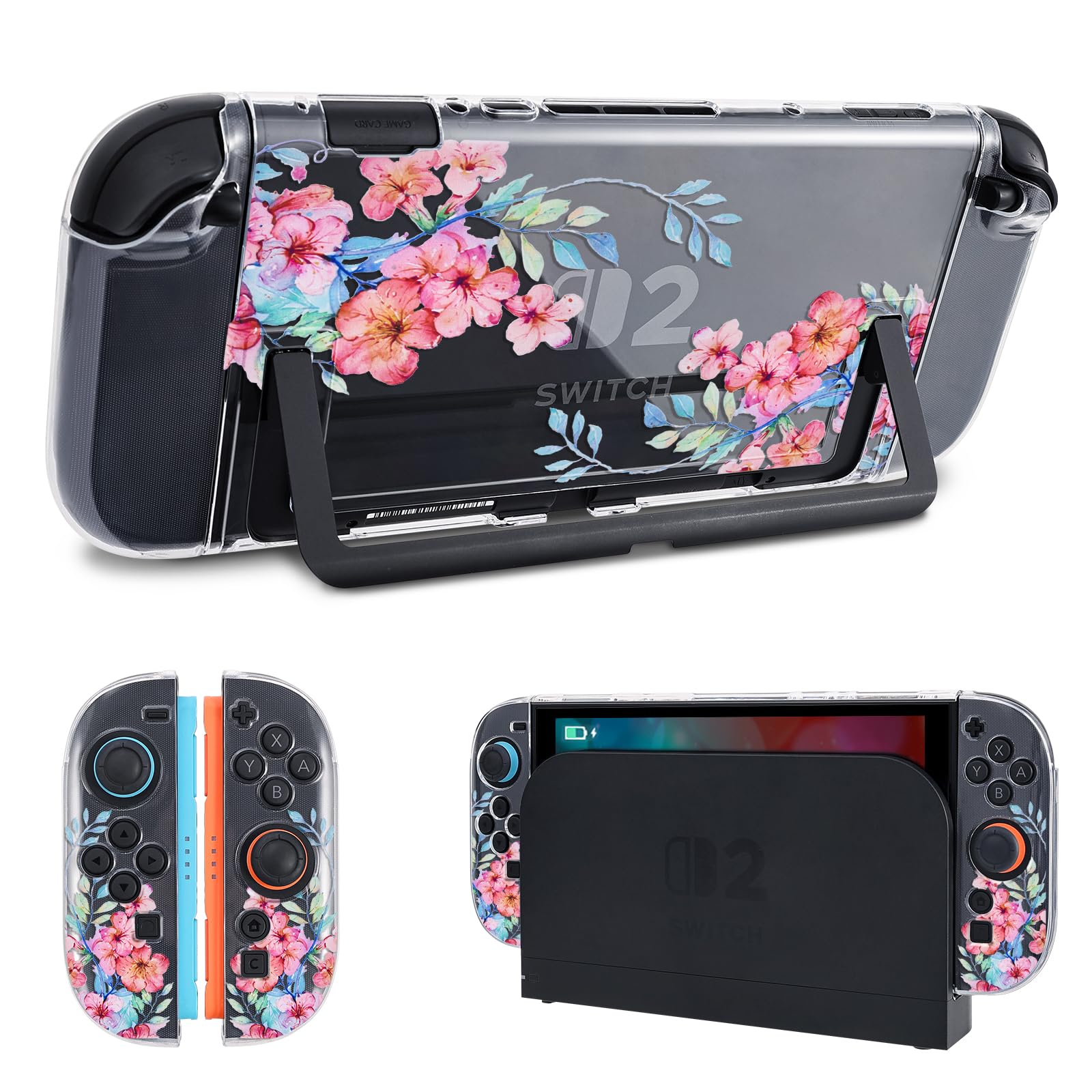 DLseego Protective Case Flower Floral Clear Switch 2 (2025), Detachable Joy-Handle Protective Case 2-Piece Split Full Wrap PC Hard Shell Anti-Scratch All-Round Protection Cover, Peach Blossom, Pink