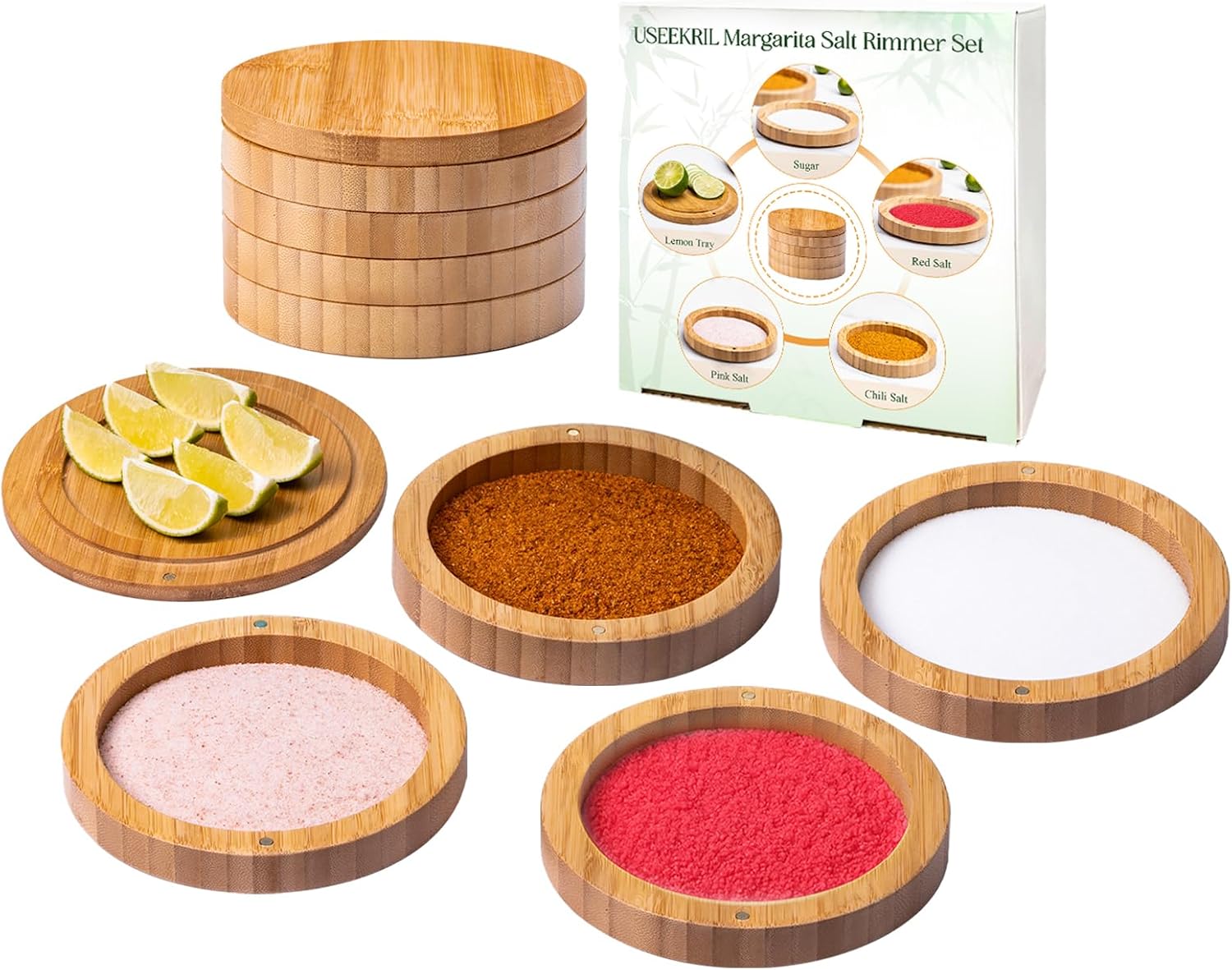 4-Tier Bamboo Margarita Salt Rimmer Set,Salt&Sugar Rimmer for Cocktails Drinks,Cocktail Glass Rimmer Tools with Magnetic Swivel Lid for Bartenders,Home Bar,Parties