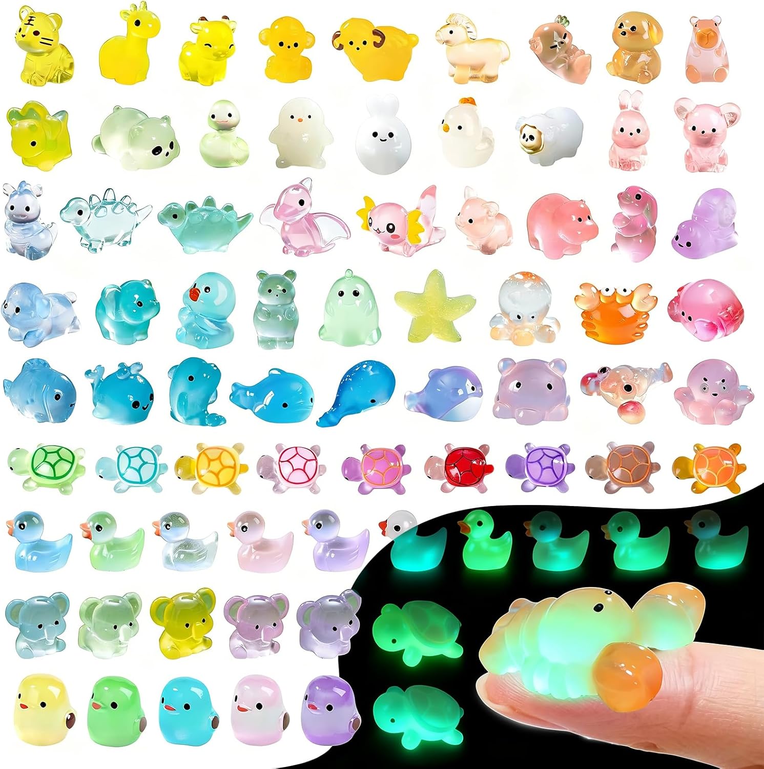 Zerobe Luminous Mini Resin Animals – Miniature Glow in The Dark Resin Animal Figures to Hide Tiny Small Little Ducks Turtles Dinosaurs and Frogs for Micro Landscape Fairy Garden Decor