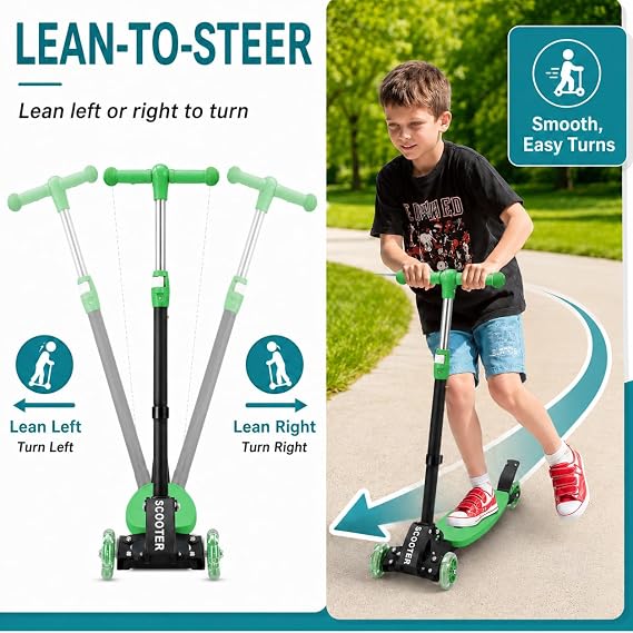 Kids Kick Scooter for 3-12,Lean-to-Steer 3 Wheel Scooter for Beginners with Light-Up Wheels,3 Adjustable Handlebar 27.533,6-Inch Wide Deck,Rear Foot Brake,Foldable Scooter for Boys & Girls