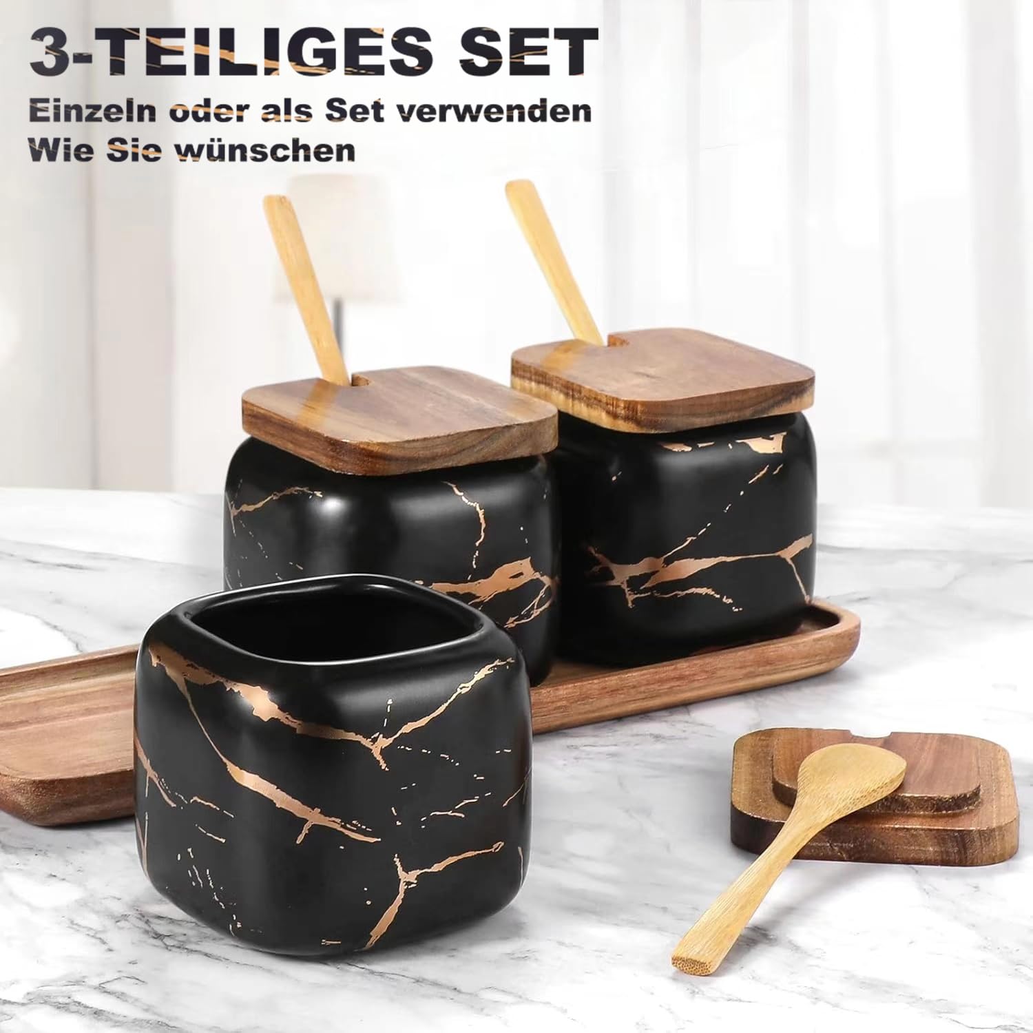 TELANKS Set Zuccheriera in Ceramica, 3 pz Condimento Box con Coperchio e Cucchiaio e Vassoio, Spezia Jar Cucina Scatola Barattolo di Spezie, Utensili da Cucina Forniture per Spezie, Nero