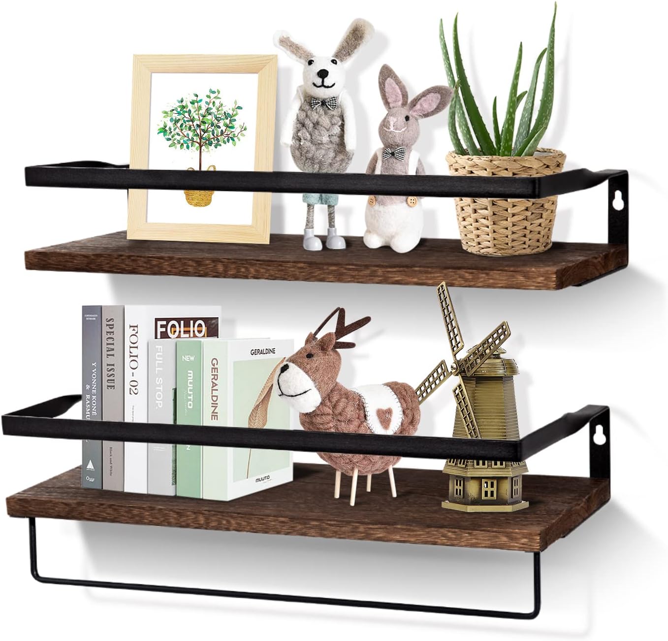 Uten Floating Shelves, Decorative Shelf Set of 2 Rustic Shelves with Rail, Wall Shelves for Bathroom, Bedroom and Kitchen