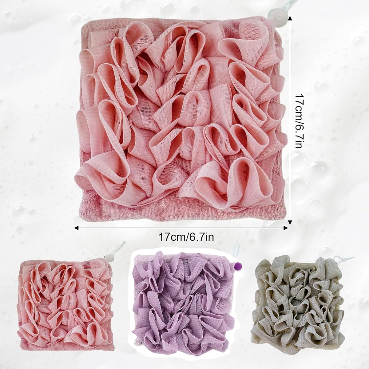 3-Pack Loofah Washcloth Combo 2-in-1, Exfoliating Shower Pouf with Bar Soap Pocket for Body Wash and Smooth Skin (Khaki + Purple + Pink)