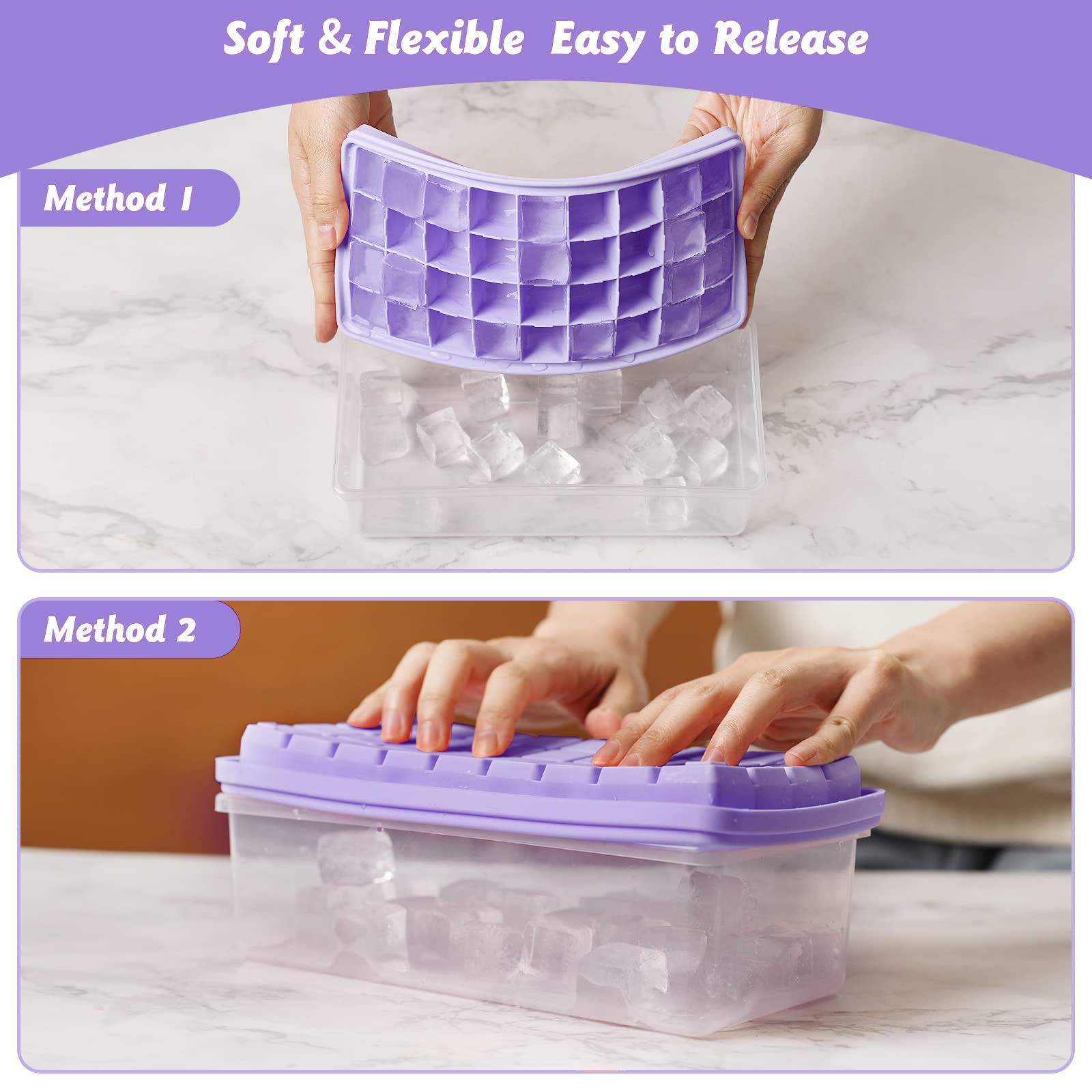 Lebensmittelqualität Silikon-Eiswürfel-Tablett mit Deckel und Aufbewahrungsbehälter für Gefrierschrank, Spill-Resistant Cover&Eimer, flexible Eiswürfel-Formen mit Eisbehälter, Scoop-Abdeckung