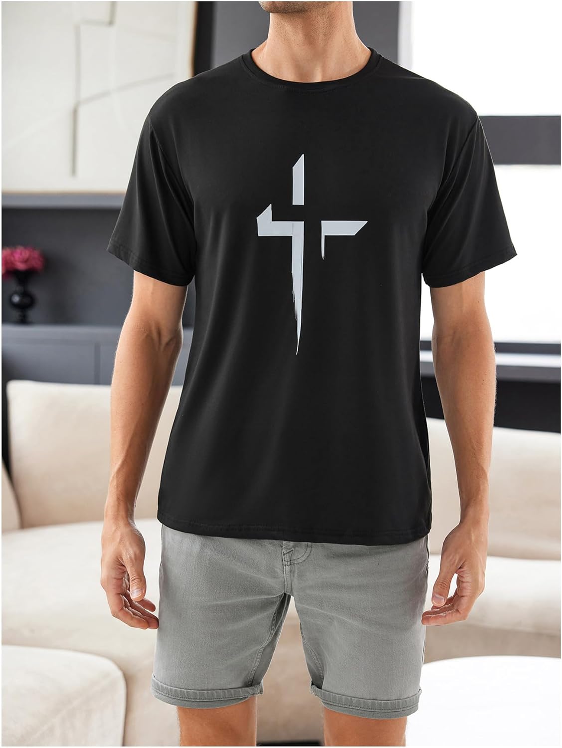 Floerns Men's Summer Causal Cross Graphic Print Short Sleeve T Shirts Crewneck Tee Tops - Image 3