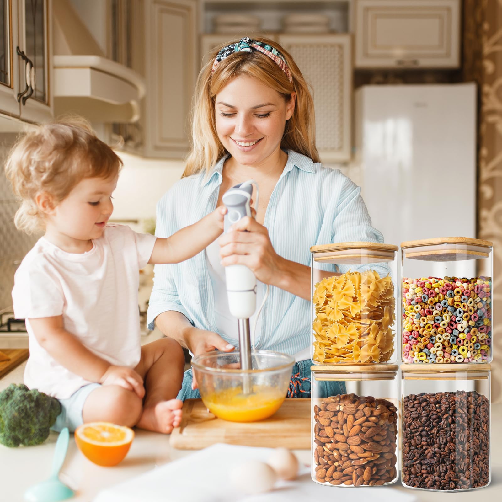 4 Barattoli di Cucina in Vetro con Coperchio in Bambù, 1100ml Contenitore Pasta Grande, Contenitori Ermetici in Vetro, Barattoli Cucina per conservare cereali, zucchero, caffè, Tè