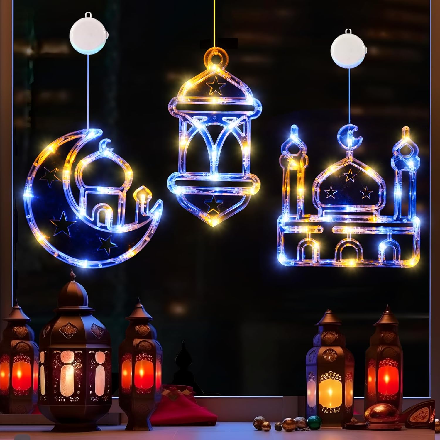 LOLStar Ramadan Decorations, 3 Pack Blue and Warm White Lantern, Moon, Mosque Eid Mubarak Window Lights Battery Operated Hanging LED Lights with Timer & Slow Fade Mode, Perfect Decor for Eid al Fitr Multicolor
