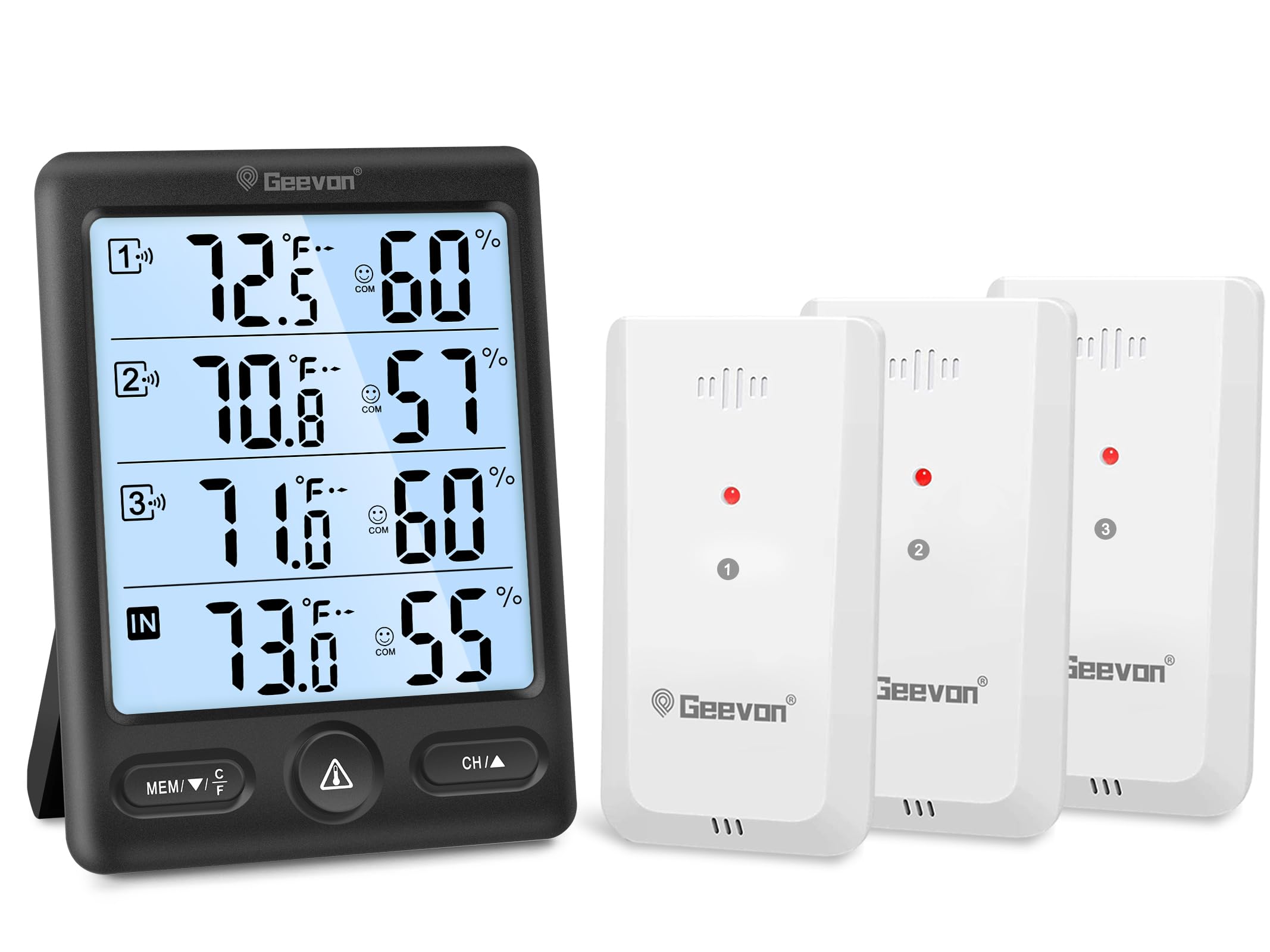 Geevon Thermomètre d'intérieur et d'extérieur sans fil avec 3 capteurs à distance, écran de 12,7 cm, thermomètre hygromètre numérique, moniteur de température et d'humidité avec rétroéclairage 8S