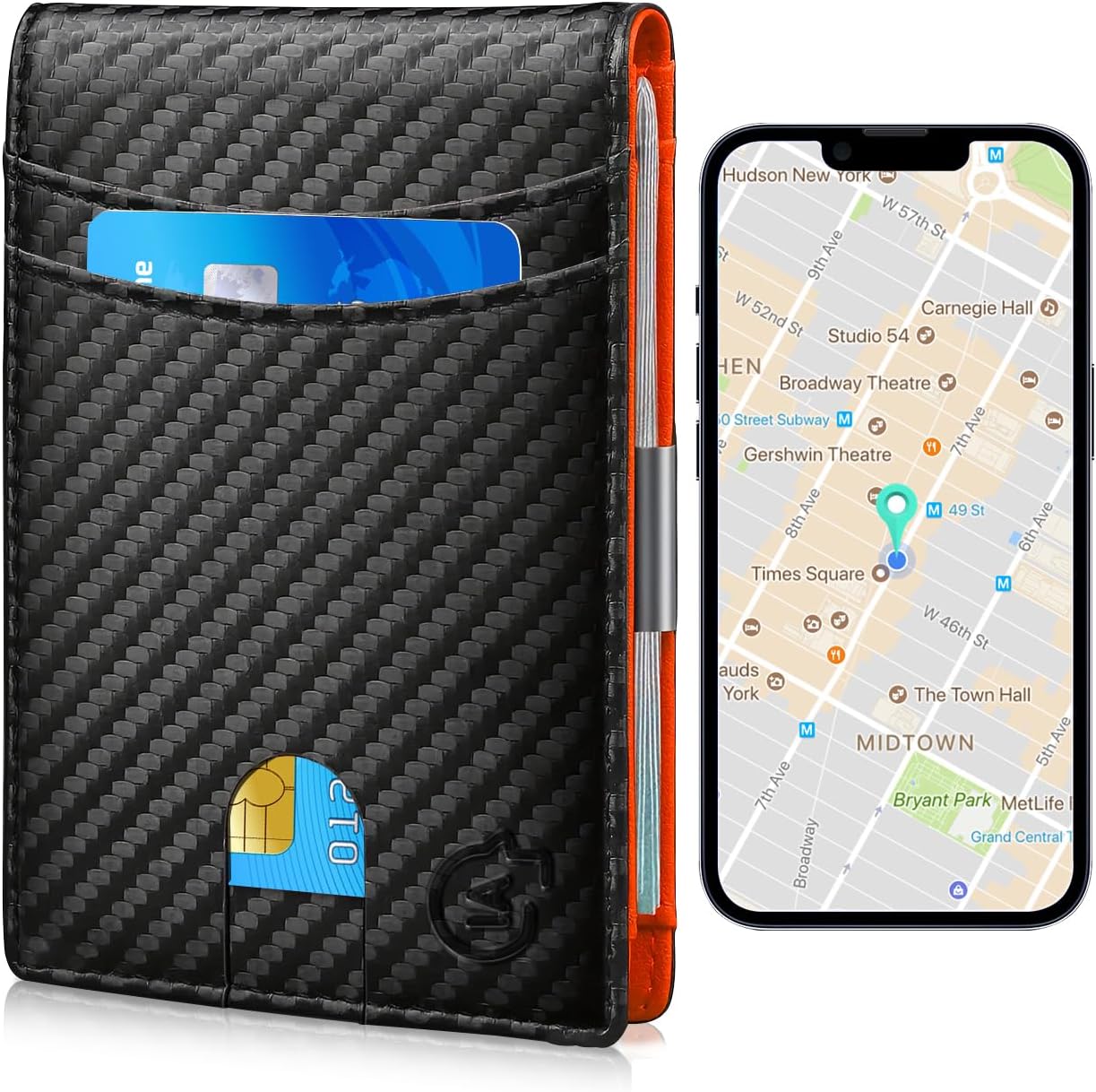 Smart Tracker Wallet for Men,Compatible with Android or Ios, Mens Wallet GPS Tracker Card Holder With Men Gift for Christmas. (Carbon Black) (Android or iOS, Black+Orange)