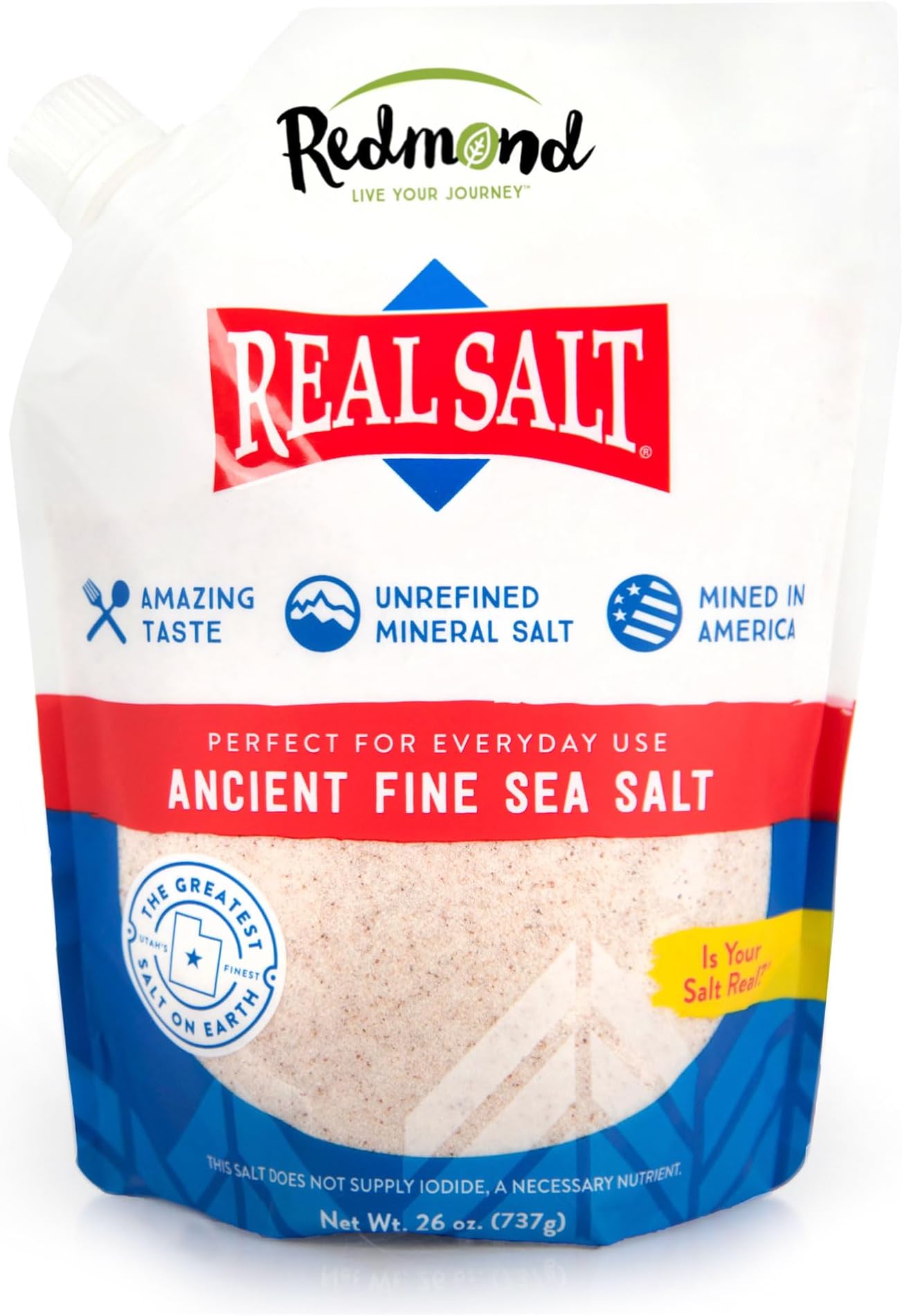 REDMOND Real Sea Salt - Natural Unrefined Gluten Free Fine, 26 Ounce Pouch (1 Pack)
