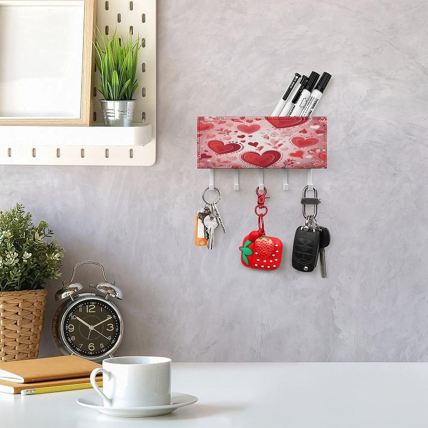 PU Leather Key Holder Wall Mount Key Organizer, Decorative Adhesive Key Rack with 5 Key Hooks, Fashion Valentine Pattern Key Hanger Decor for Entryway Door Bathroom Kitchen Hallway