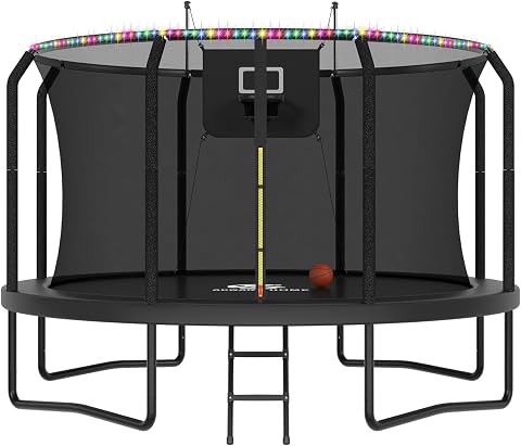 8-16FT Outdoor Trampoline with Net, Basketball Hoop & LED Lights