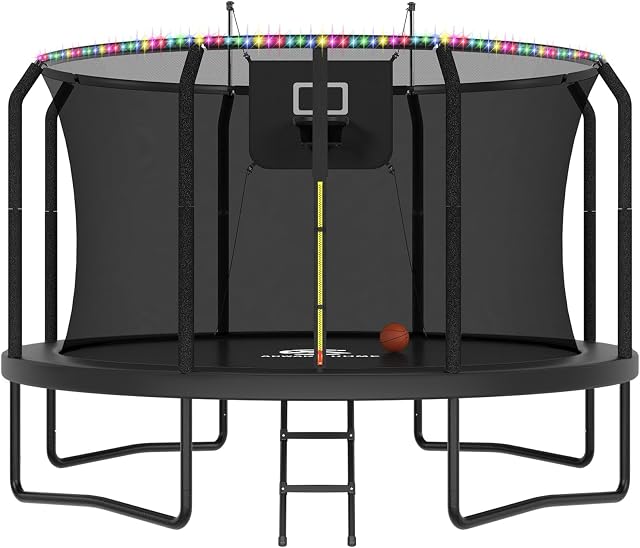 8-16FT Outdoor Trampoline with Net, Basketball Hoop & LED Lights