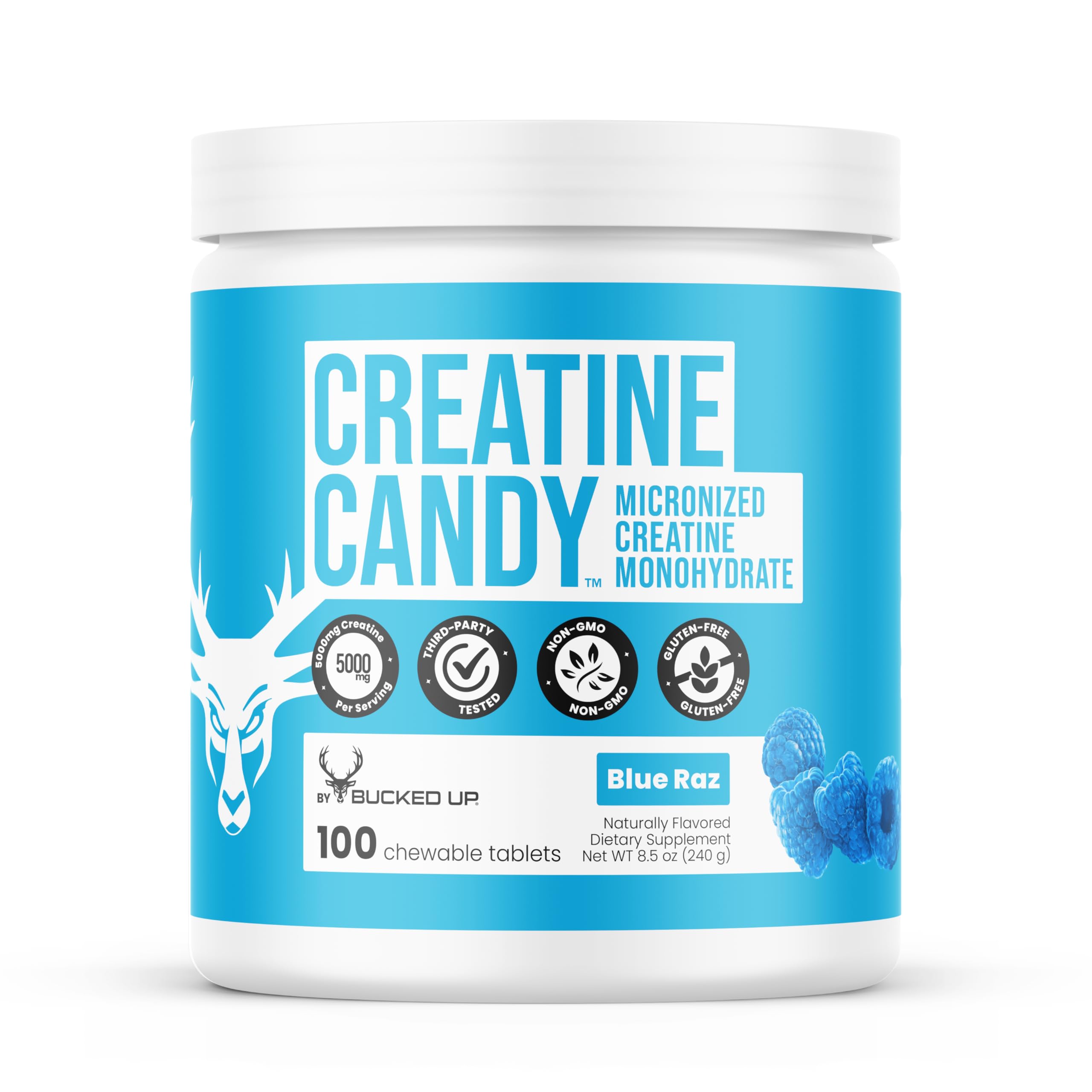 Bucked Up Creatine Candy Blue Raz | Micronized Creatine Monohydrate | 120 Chewable Tablets, 24 Servings | Fizzy Creatine No Water Needed | Non GMO Gluten Free Third Party Tested