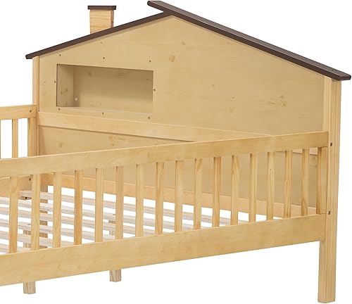 Miniatura 106 de Moderna plataforma de tamaño matrimonial con cabecera de almacenamiento y barandilla de seguridad para niños, plataforma de madera funcional con luz