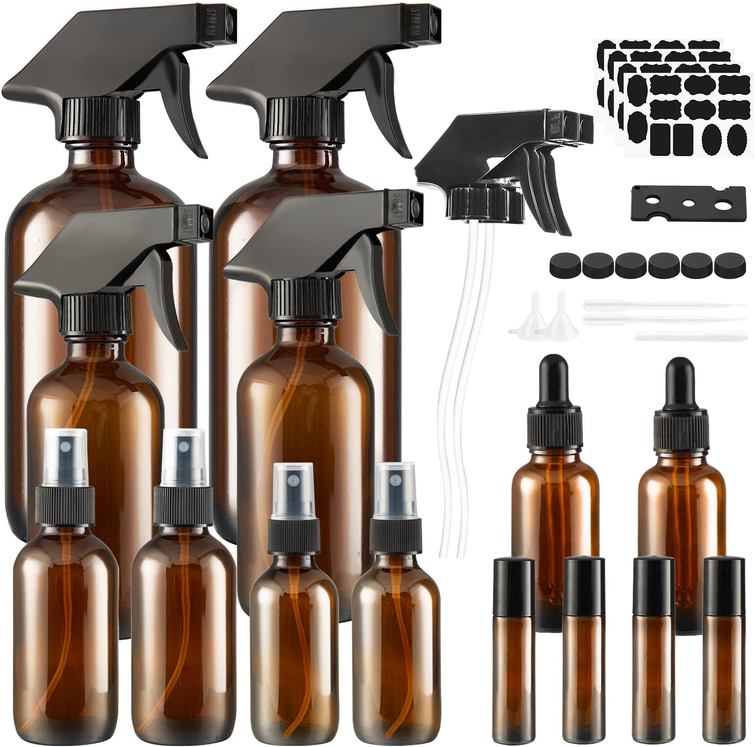 Glass Spray Bottle, SXUDA Amber Glass Spray Bottles Set Roller Bottles, Cleaning Products or Aromatherapy (16OZ, 8OZ, 4OZ, 2OZ, 2OZ Dropper Bottle) x 2, 10 ml Roller Bottle x 4