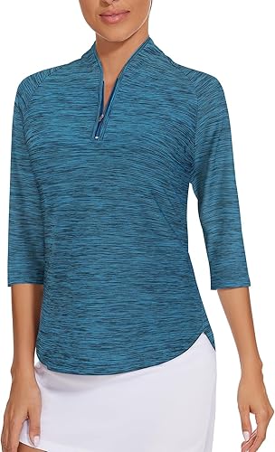 Cucuchy - Camisa de golf para mujer, secado rápido, manga 34, con cremallera de un cuarto, camiseta de entrenamiento para tenis, tallas S-XXL
