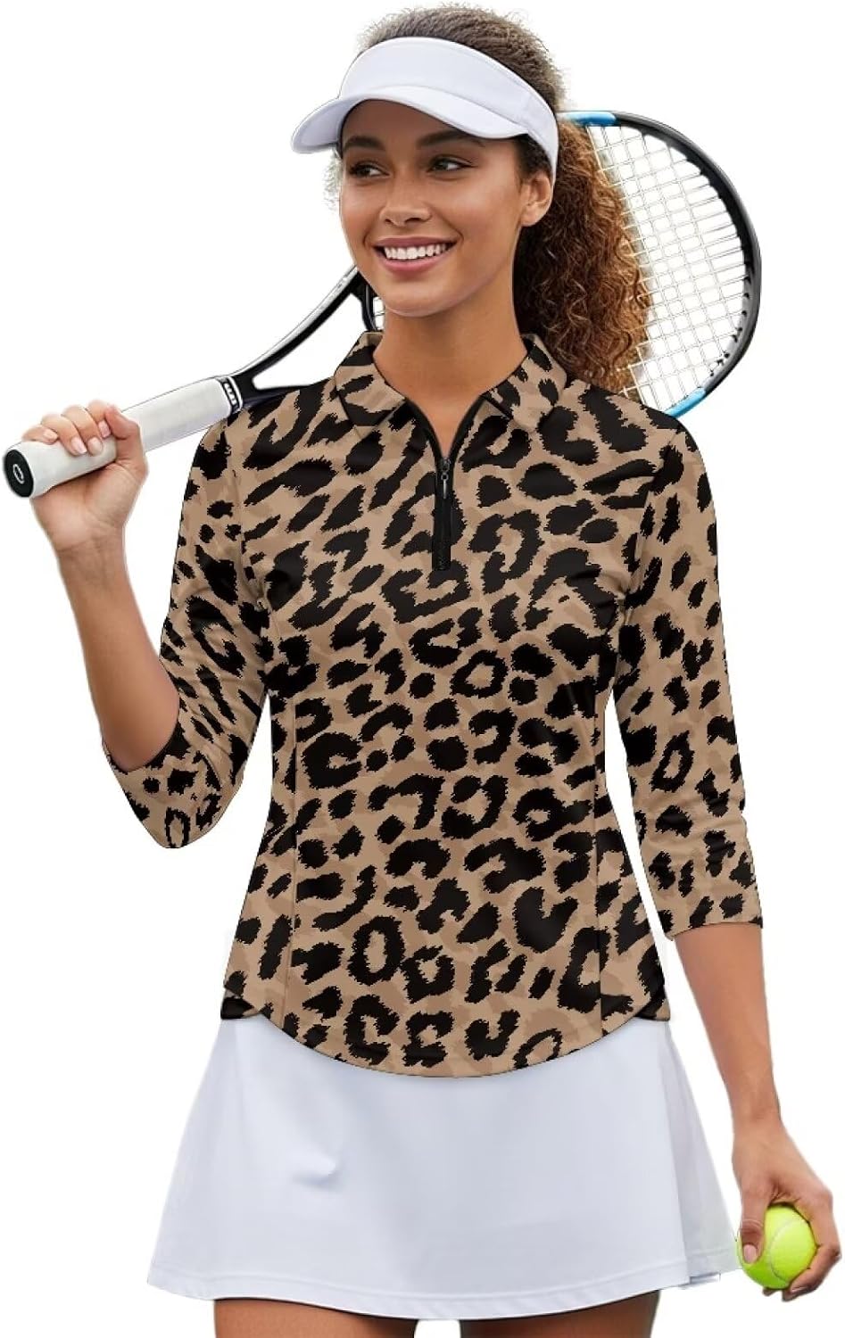 Womens 3/4 Sleeve Golf Shirts Quarter Zip Workout Tennis Polo Tops Quick Dry Sport Running Gym T-Shirts Size S-2XL