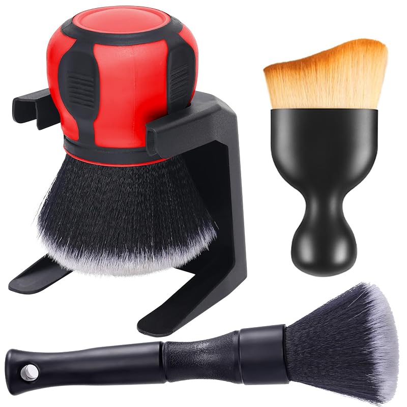 Kit de Escovas para Detalhamento Automotivo Birbenben com Cerdas Sintéticas Extra Macias e Suporte Vermelho, 4 Peças