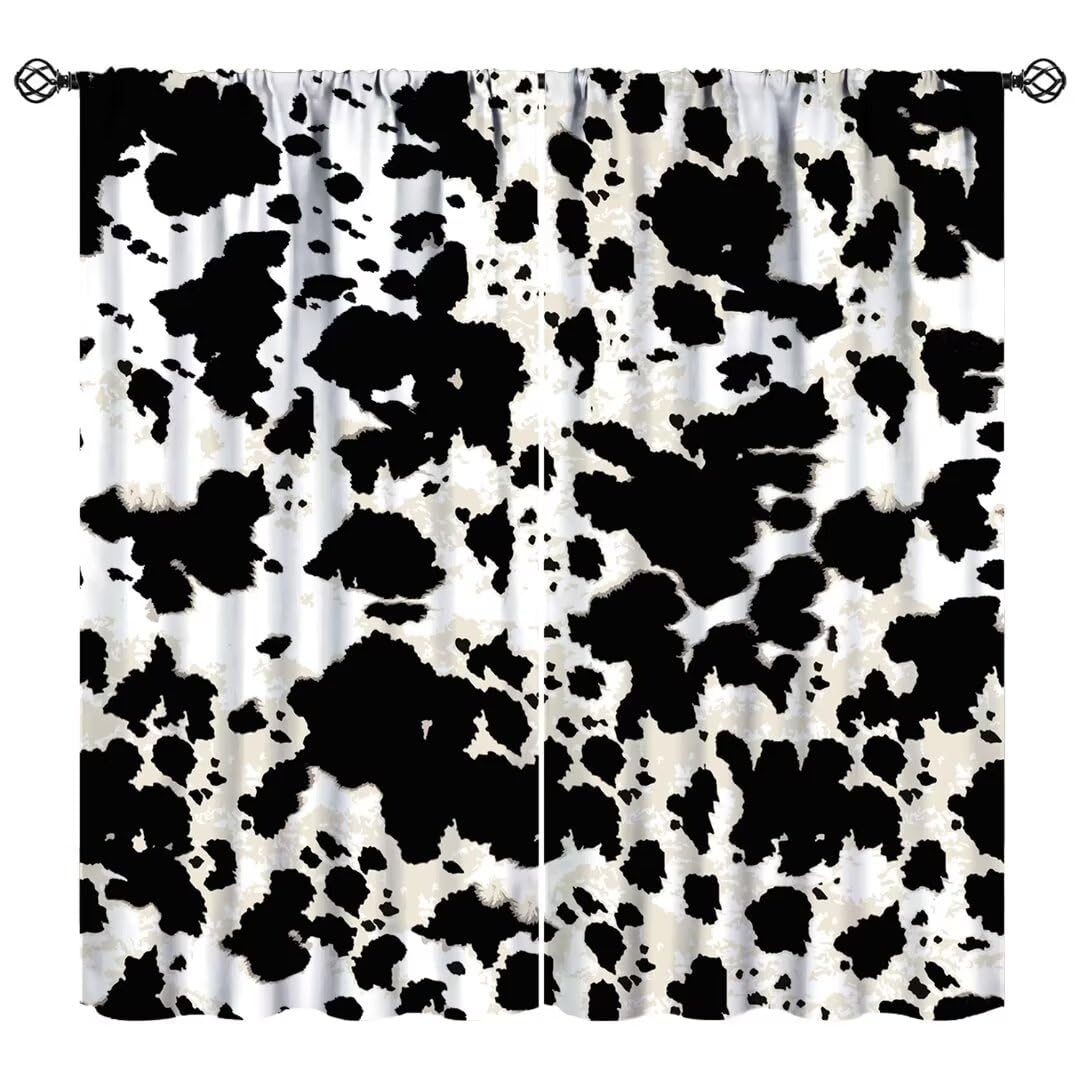 JanJCurt Cowhide Curtains, Black White Milk Cow Print Window Drapes Western Farm Animal Skin Farmhouse Window Curtain for Kids Boys Teens Room Living