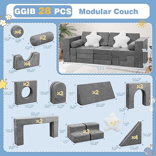 Miniatura 3 de GGIB Sofá de juego modular para niños de 28 piezas, sofá de espuma para niños pequeños, fuerte de construcción para sala de juegos, conjunto