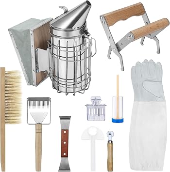 Flexzion Bee Keeping Starter Kit - 10 Piece Beekeeping Tools & Bee Keeping Supplies-All Set with Smoker, Frame Holder, Gloves, Bee Brush, Scraper, Fork, Queen Clip Cage, Marking Tube, Feeder & Frame