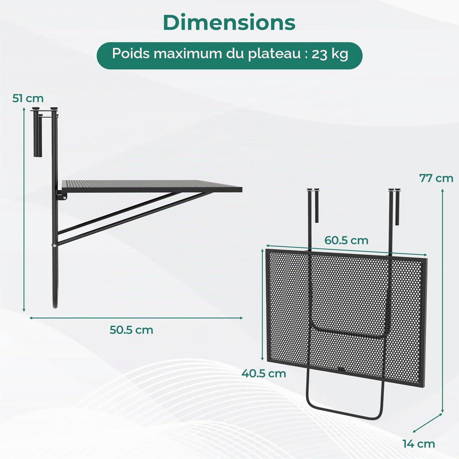 KOMFOTTEU Table Balcon Suspendue Pliable, Hauteur Fixe, Charge 23kg