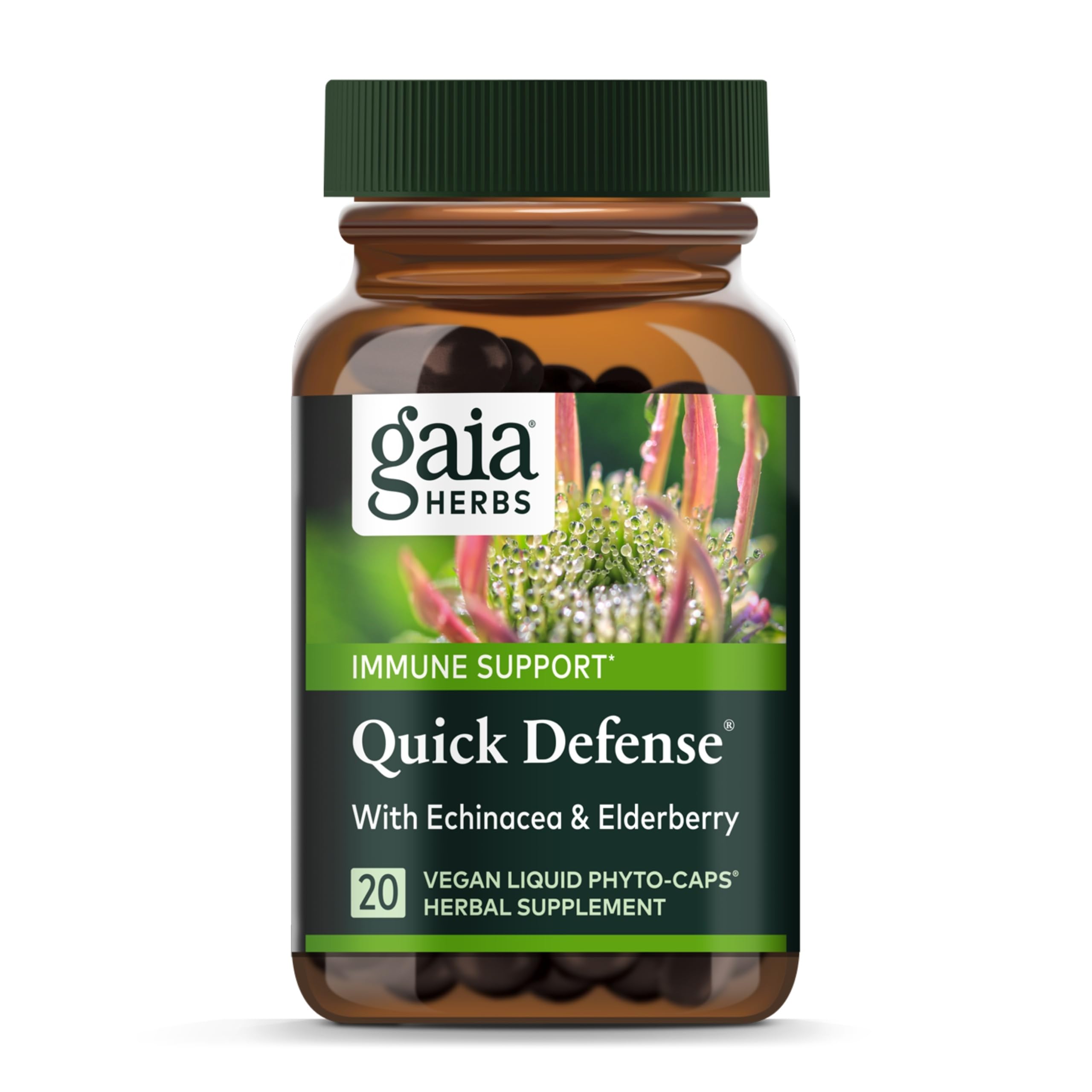 Gaia Herbs Quick Defense - Fast-Acting Immune Support Supplement* - Echinacea, Black Elderberry, Ginger & Andrographis - 20 Vegan Liquid Phyto-Capsules (2-Day Supply)