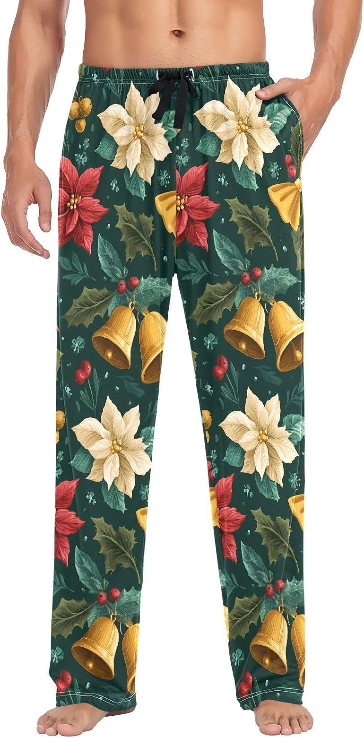 ALAZA Poinsettia Flower Bow Christmas Men's Pajama Pants Men Cotton Pajama Bottoms with Pockets, S