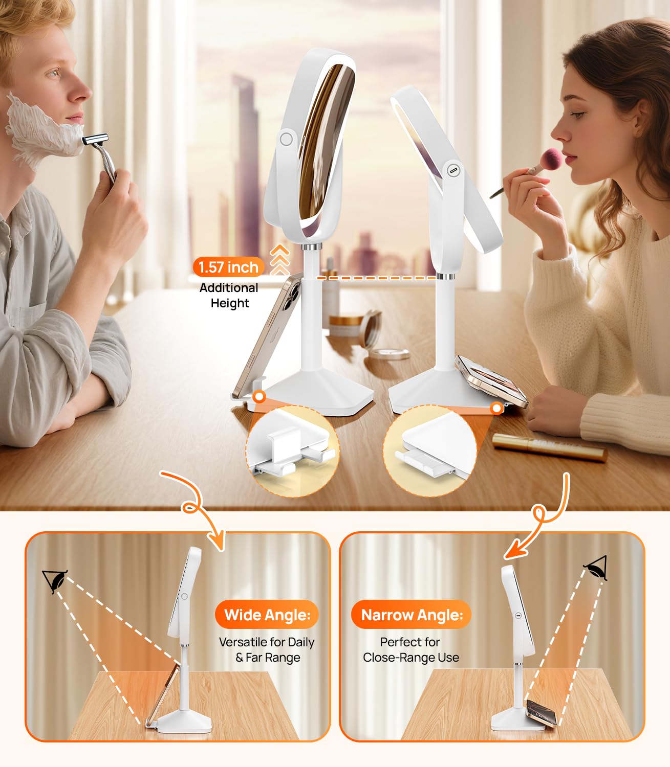 Gospire Espejo de aumento iluminado 1X/10X con luces, espejo de maquillaje iluminado de altura ajustable con aumento para escritorio, soporte oculto para teléfono, 4000 mAh, 3 modos de color para