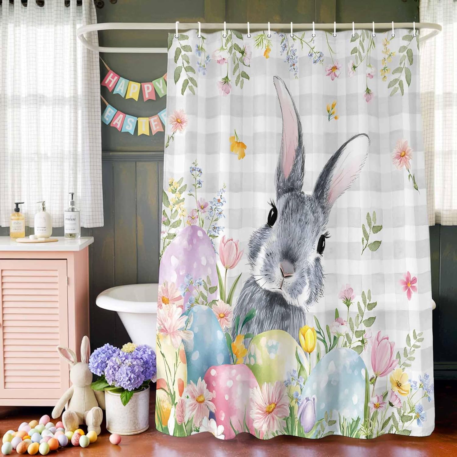Easter Shower Curtain Bunny Easter Egg Shower Curtain Set with Hooks Flower Leaves Plant Gray Plaid Waterproof Fabric Shower Curtains for Bathroom Decor Bath Curtain 60 x 72 Inches