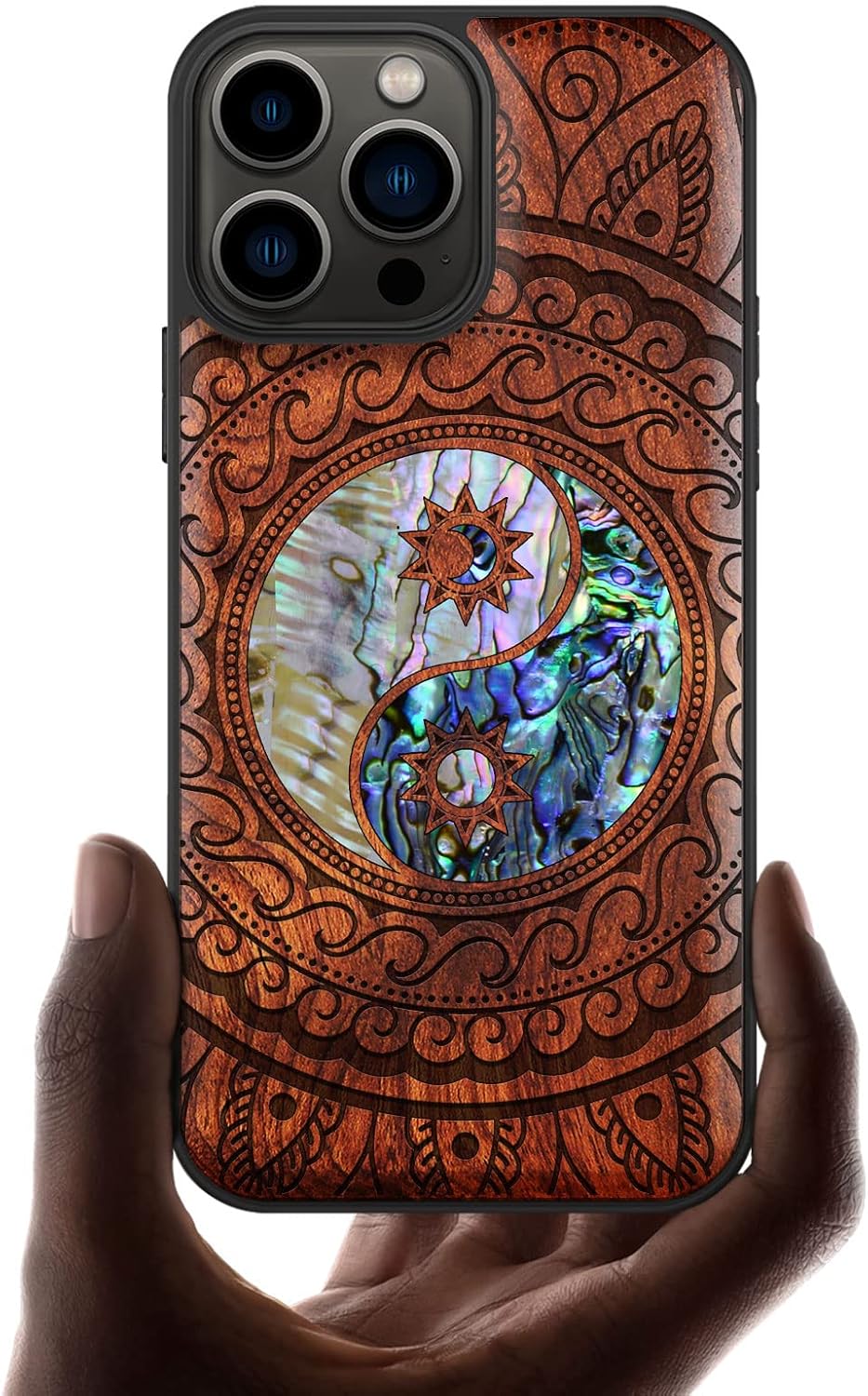 Carveit Designer Wooden Protective Case for iPhone 13 Pro Max Magnetic Cover [Solid Wood & Shell Inlay] Compatible with 13 Pro Max Unique MagSafe (Yin Yang Paisley-Rosy)