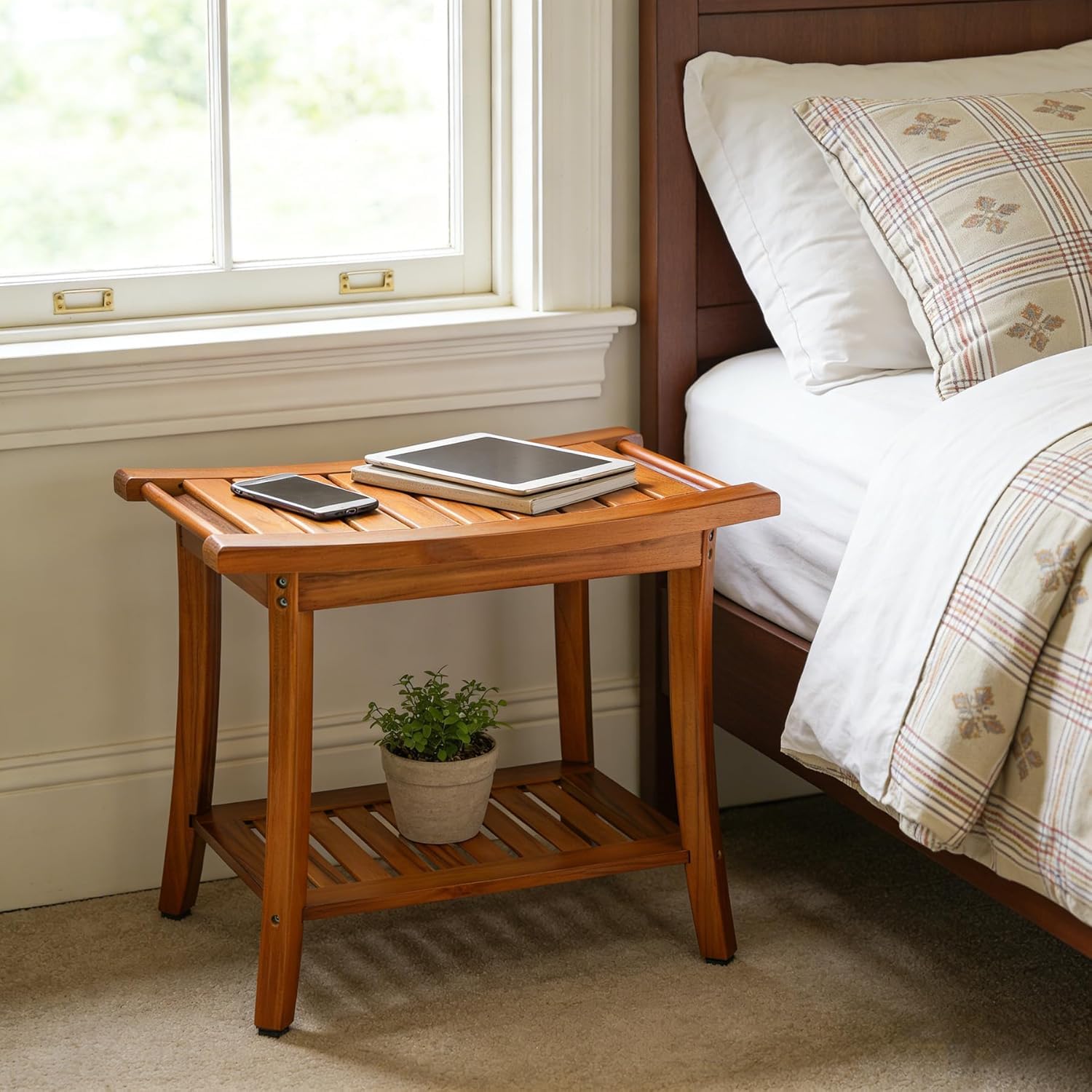 Utoplike Sedile da doccia in teak con maniglie, sgabello da bagno portatile in legno con ripiano per asciugamani, grande panca da doccia impermeabile, perfetto per il bagno e l'uso esterno