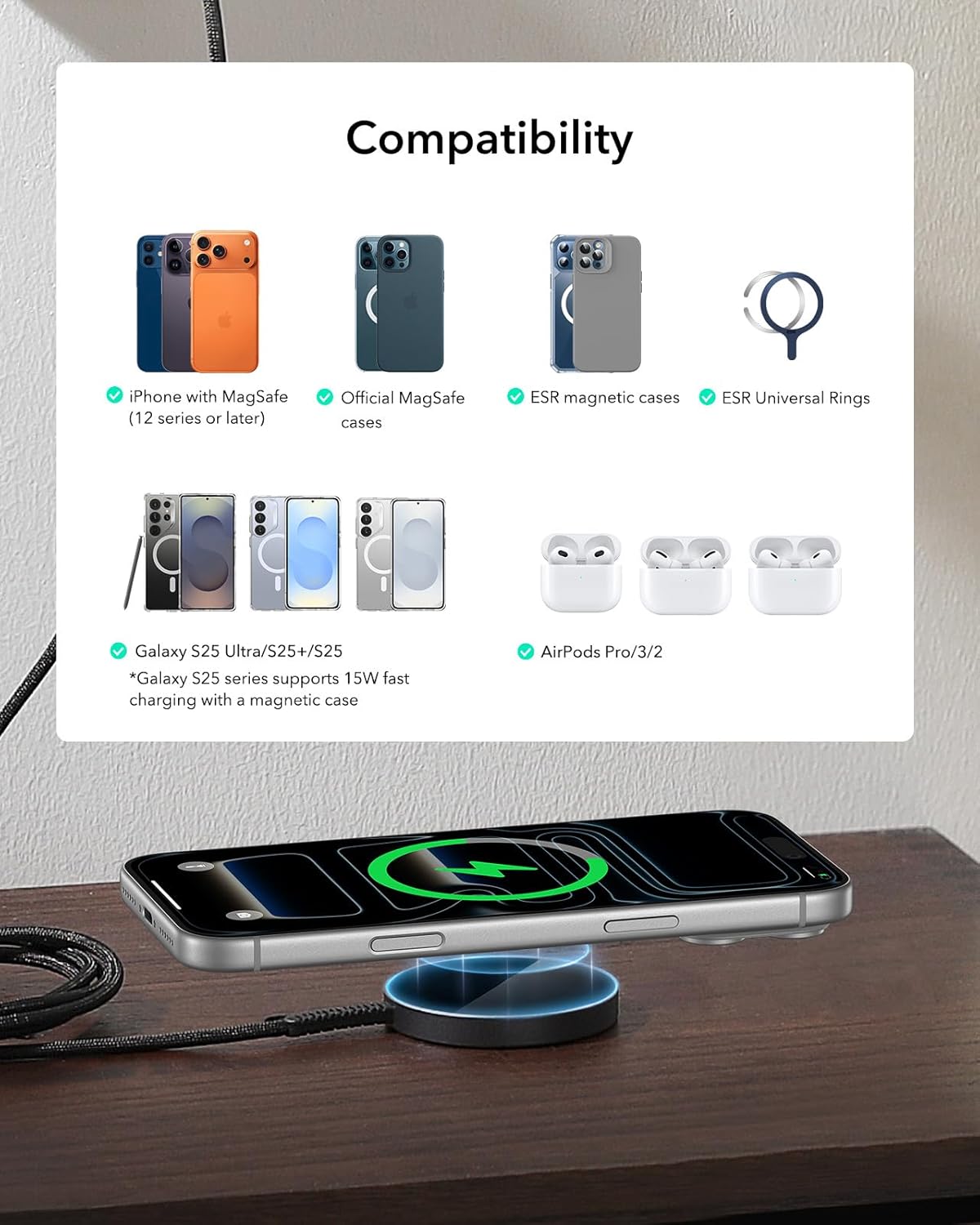 ESR 2 Pack for Magsafe Charger, 15W Wireless Charger, for iPhone 17-112, AirPods 4/3/Pro/Pro 2, Galaxy S26/S25, Strong Magnetic Charging Pad with Type-C Cable, Black