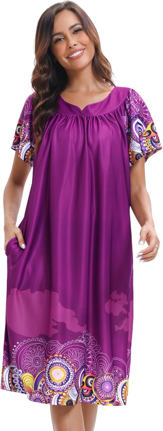 2 Pack House Dresses for Women with Pockets Moo Moos Nightgowns Short Sleeve Mumu Lounge Dress - Image 4