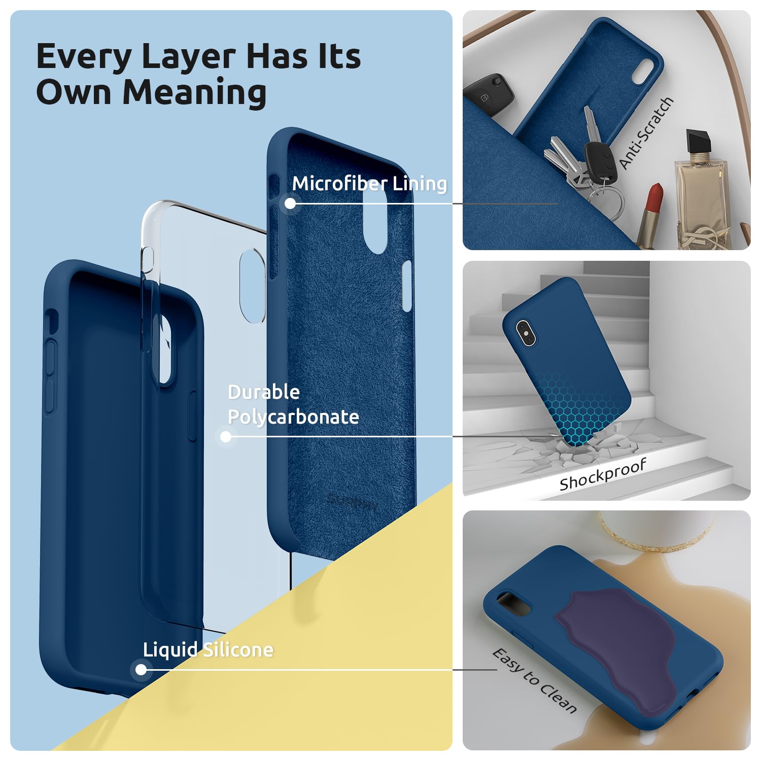SURPHY Cover Compatibile con iPhone XS, Cover Compatibile con iPhone X, Custodia per iPhone X XS Silicone Cover Antiurto con Fodera in Microfibra Full Body Case per iPhoneX XS 5.8", Blu Orizzonte