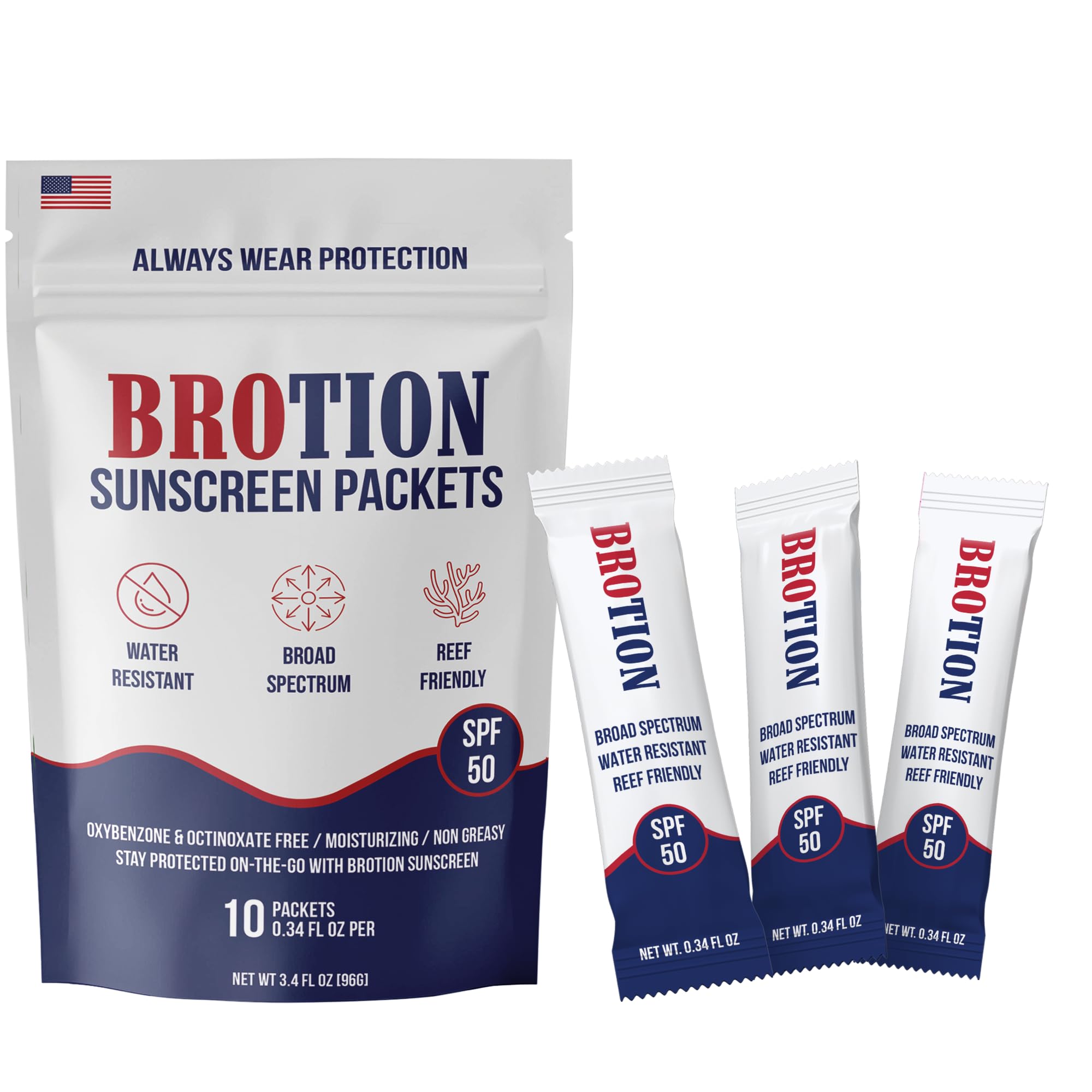 Broad Spectrum SPF 50 Travel Size Sunscreen Packets – Water Resistant and Non-Greasy – Oxybenzone & Octinoxate Free – Perfect Party Favors 0.34 Fl Oz (Pack of 10)