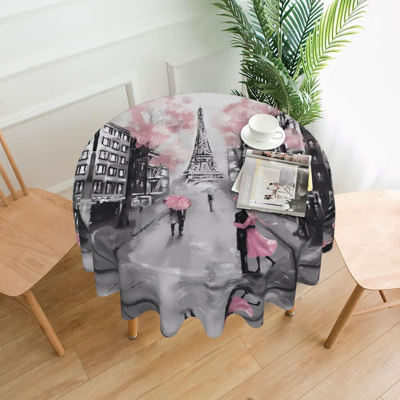 YYHWHJDE Paris Street Eiffel Tower Pink Floral Prints Round Decorative Tablecloth 60in - High-Grade Polyester Throw for Elegant Dining & Festive Gatherings