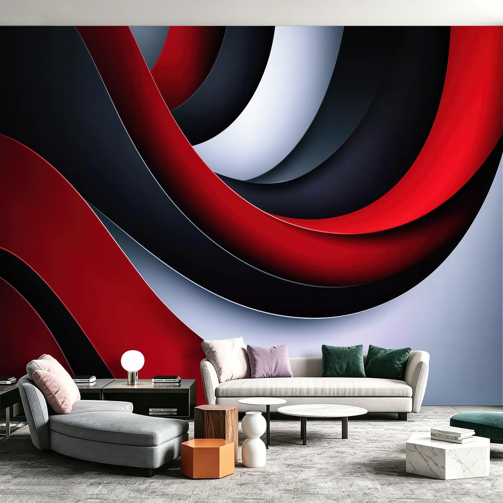 Carta da parati murale in tessuto non tessuto, 300 x 210 cm (L x A) - Decorazione da parete industriale astratta curve rosso nero bianco per sala riunioni moderna sala giochi