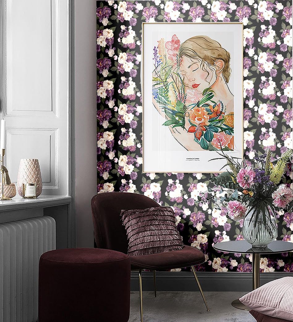 Blooming Wall White Purple Peony with Green Leaf Peel and Stick Wallpaper Removable Self Adhesive Wall Mural Wall Décor