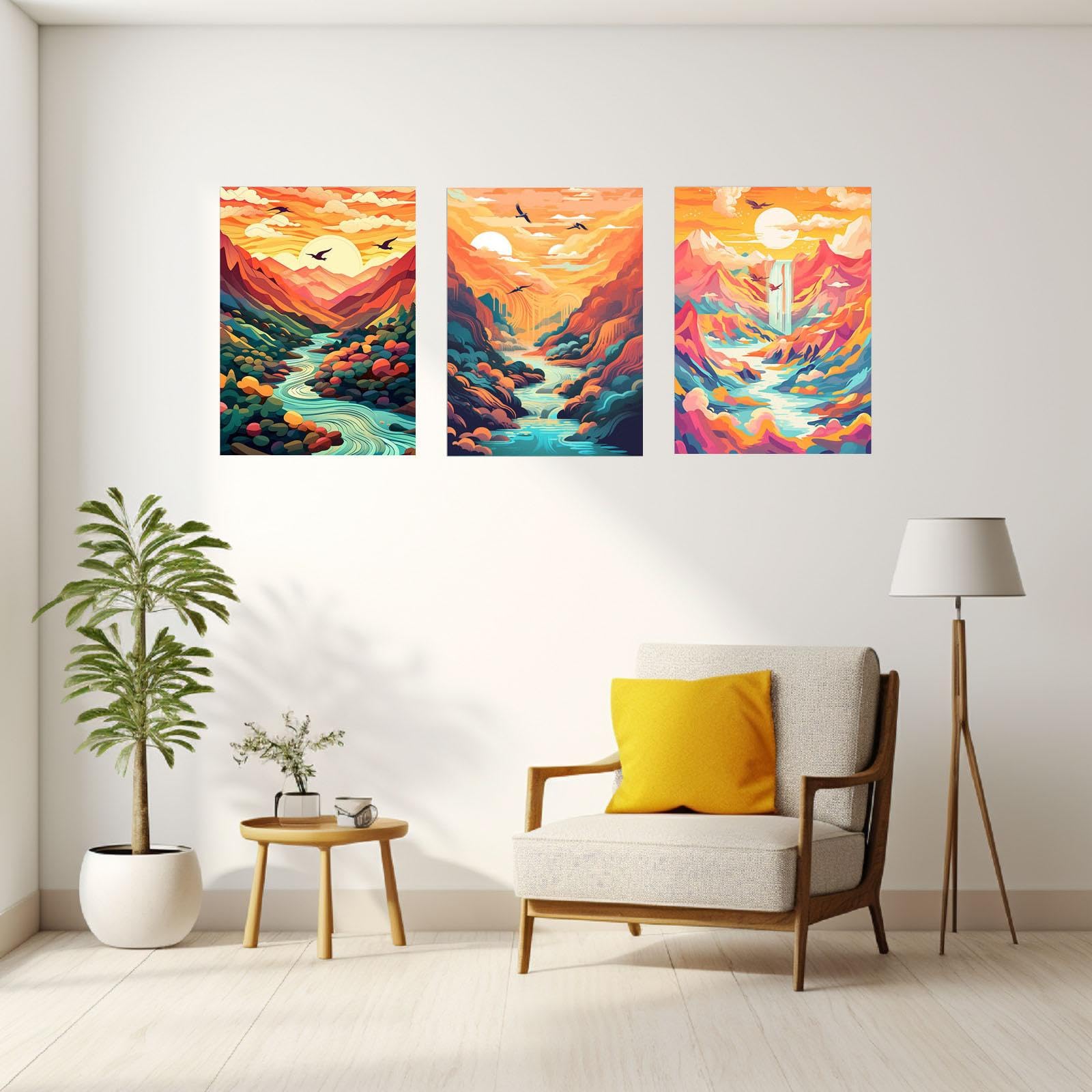 JOSUE Set de 3 Cuadros De MontañA Paisaje de nubes abstractas Lienzo,Naranja, azul Cuadro Cartel Sala De Estar Cuarto De BañO Comedor Decorativos-50x70cmx3 Enmarcado