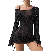 ALIREVERIE Womens Summer July 4th Off Shoulder See-Through Side Tie Y2K Sexy Swimsuit Cover Up Bell Sleeve Beach Dress