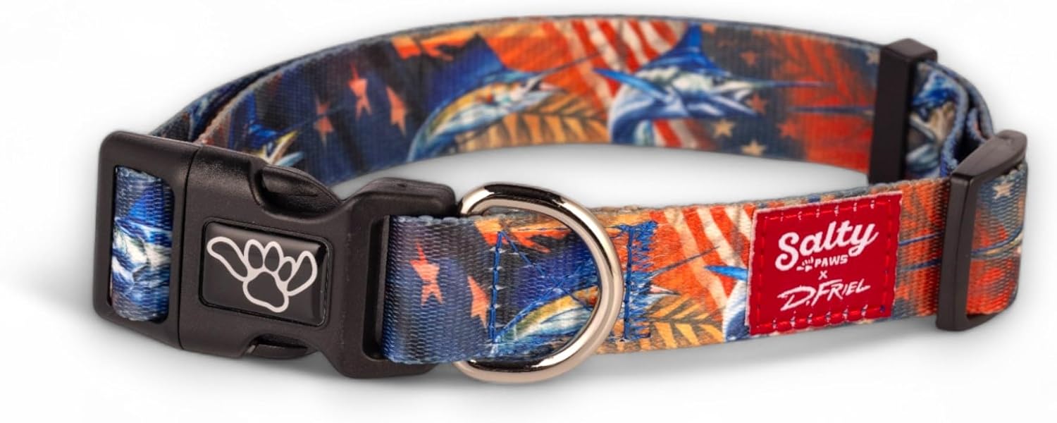 Shaka's Salty Paws Tropical Dog Collar American Flag Billfish Pelagic Fish (Medium Dog Collar Adj. 14-20" for Dogs 25-50 lbs, USA Flag Billfish Collar D. Friel)